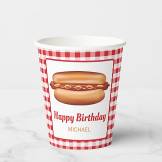 Gobelets En Papier Hot Dog Snack Sur Rouge En vichy Joyeux Anniversai