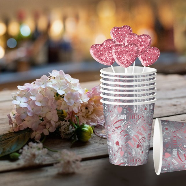 Gobelets En Papier Hugs and Kisses Word Cloud Pink/Silver ID286 (Créateur téléchargé)