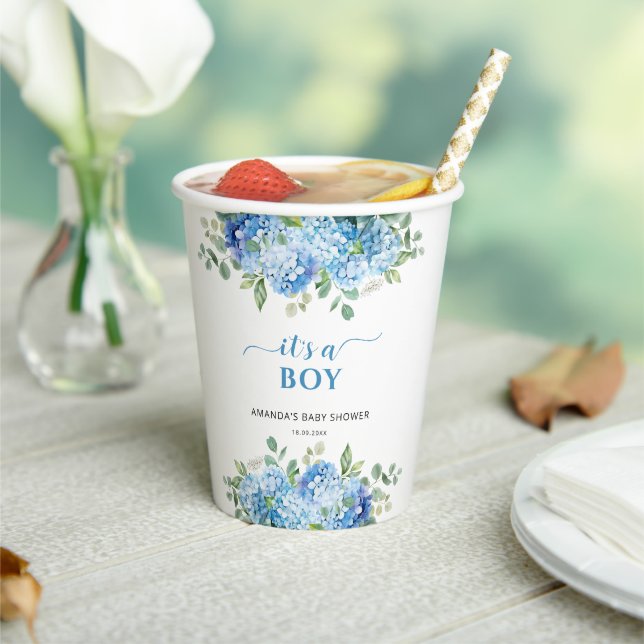 Gobelets En Papier Hydrangea Bleu C'est un Garçon Baby Shower (Insitu)