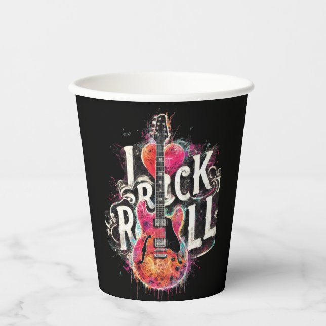 Gobelets En Papier I Love Rock N Roll Guitare Électrique Peinture (Recto)