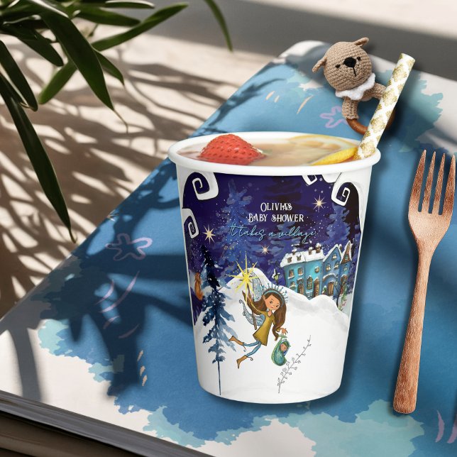 Gobelets En Papier Ice Blue Winter Village Baby Shower | Flying Fairy (Ice Blue Winter Village Baby Shower  Flying Fairy Paper Cups)