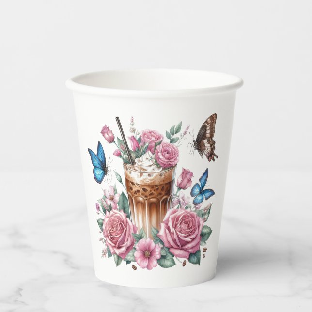 Gobelets En Papier Iced Coffee & Butterfly Floral Art (Recto)