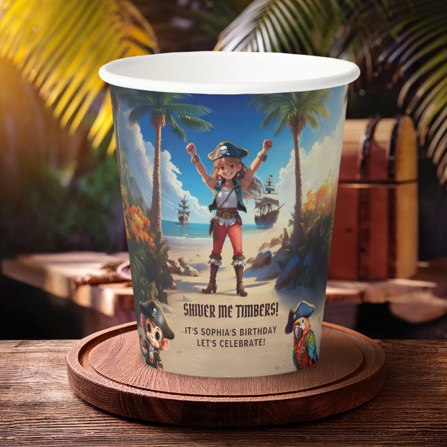 Gobelets En Papier Ile tropicale Pirate Girl Anniversaire (Créateur téléchargé)