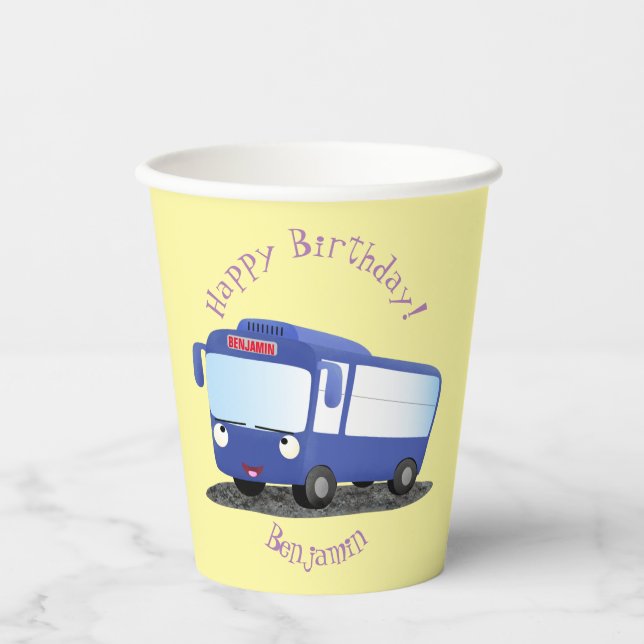 Gobelets En Papier Illustration d'un bus moderne bleu mignon (Recto)