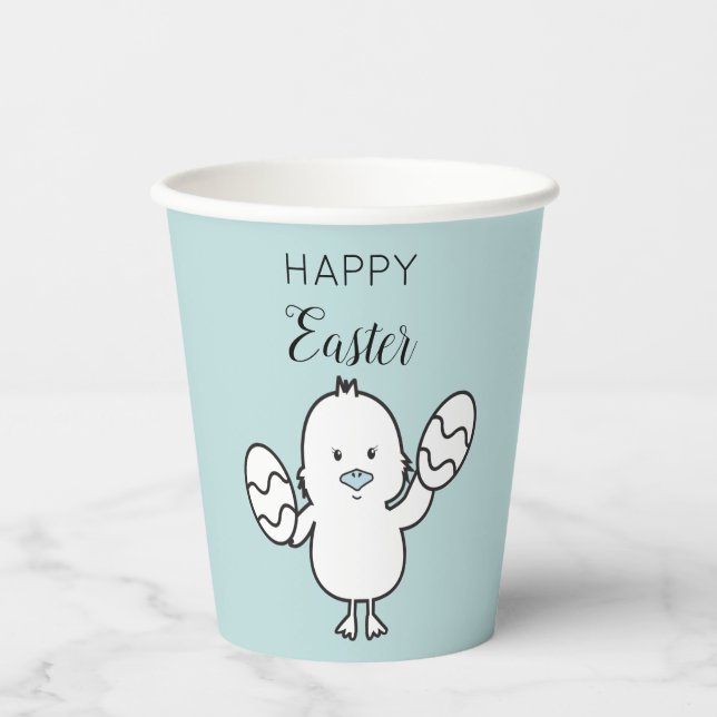 Gobelets En Papier Illustration Pastel Blue Cute Easter Chick & Oeufs (Recto)