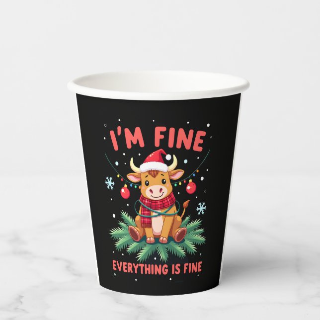 Gobelets En Papier I'm Fine Everything is Fine Christmas Highland Cow (Recto)