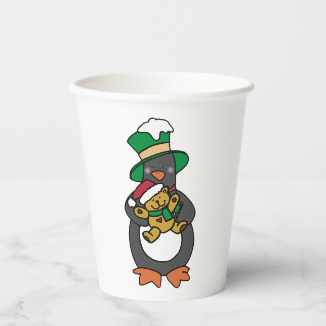 Gobelets En Papier Irish Penguin Holding Christmas Teddy Bear (Recto)