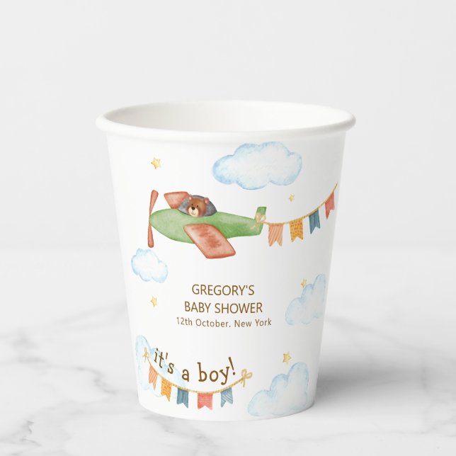 Gobelets En Papier It's A Boy Bear Airplane Sky Baby Shower  (Recto)