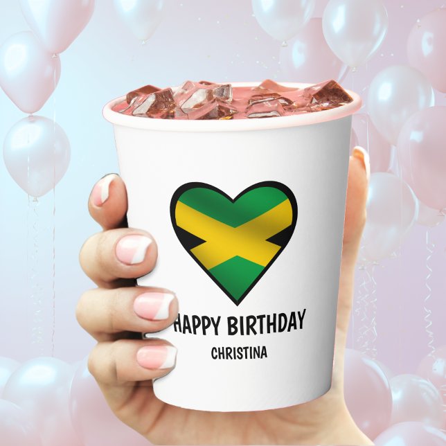 Gobelets En Papier Jamaïcain Jamaïcain Drapeau coeur heureux annivers (Jamaica Jamaican flag heart happy birthday paper cup)