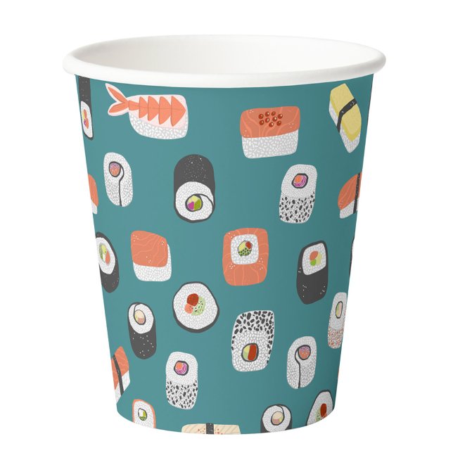 Gobelets En Papier Japonais Sushi Motif Turquoise Vert (Fun Japanese sushi food art pattern teal green paper cups)