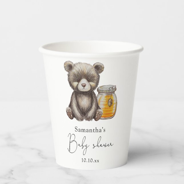 Gobelets En Papier Jar de miel et baby shower d'ours en peluche (Recto)