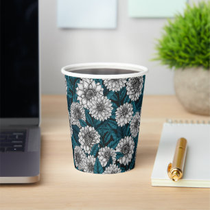 Gobelets En Papier Jardin blanc Dahlia / feuilles bleus 2