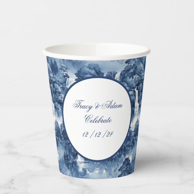 Gobelets En Papier Jardin d'eau japonais en porcelaine blanche bleue (Gauche)