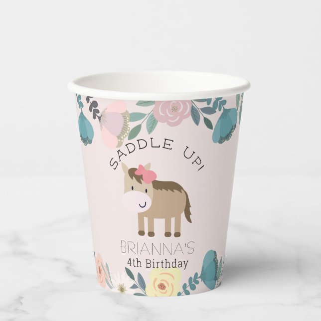 Gobelets En Papier Jardin rose Floral Horse Girl Anniversaire (Recto)