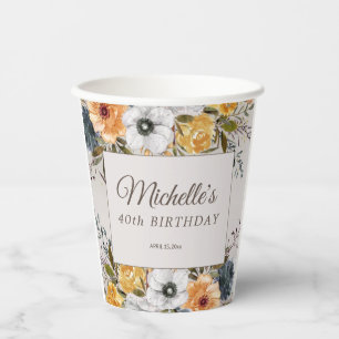Gobelets En Papier Jaune Bleu Marine Floral Glitter 40e Anniversaire