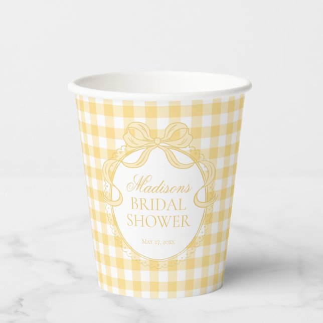 Gobelets En Papier Jaune Gingham Coquette Noeud Papillon Mariage (Recto)