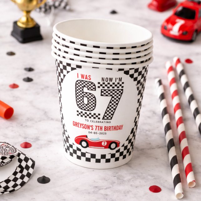 Gobelets En Papier J'avais 6 ans maintenant j'ai 7 ans garçon de cour (I Was 6 Now I'm 7 Race Car Boy 7th Birthday Party paper cups)