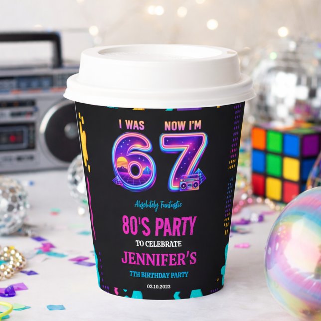 Gobelets En Papier J'avais 6 ans Maintenant j'ai 7 ans Rétro Néon 7èm (I Was 6 Now I’m 7 Retro Neon 7th Birthday for Kids Paper Cups
)
