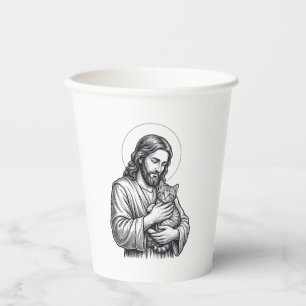 Gobelets En Papier Jésus vintage tenant un chat gravure graphique_1