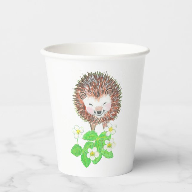 Gobelets En Papier Jeune Hérisson et Fleurs de fraises sauvages (Recto)