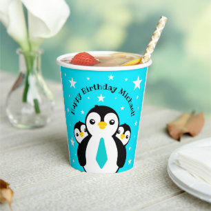 Gobelets En Papier Joli Anniversaire Garçon Pingouins Blue Neckties