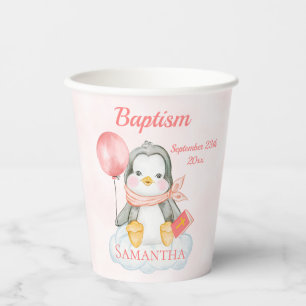 Gobelets En Papier Joli Baptême Aquarelle Bébé Manchot Rose