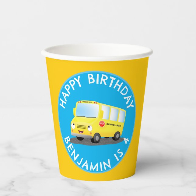 Gobelets En Papier Joli bus scolaire jaune joyeux anniversaire person (Recto)