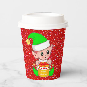 Gobelets En Papier Joli elfe de Noël sur paillettes rouges