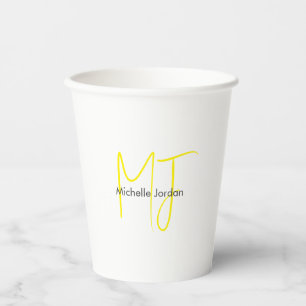 Gobelets En Papier Joli Monogramme Jaune Blanc Moderne Minimaliste