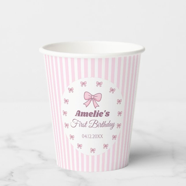 Gobelets En Papier Joli Ruban Rose Premier Anniversaire  (Recto)