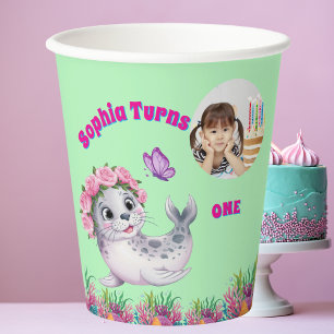 Gobelets En Papier Joli Whimsical Floral Sea Lion Photo Anniversaire