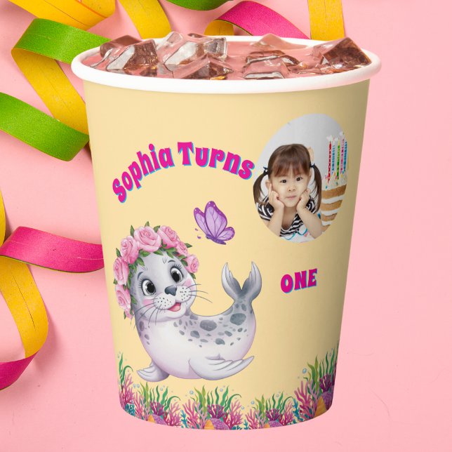 Gobelets En Papier Joli Whimsical Floral Sea Lion Photo Anniversaire (Créateur téléchargé)