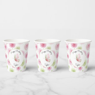 Gobelets En Papier Jolie Anniversaire Fleur de Renoncule Rose Menthe