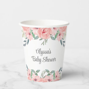 Gobelets En Papier Jolie Fête de Bébé Fille aux Fleurs Aquarelle Rose