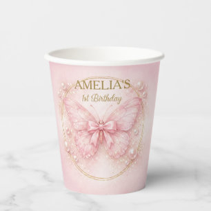 Gobelets En Papier Jolie Fille 1er Anniversaire Papillon Rose