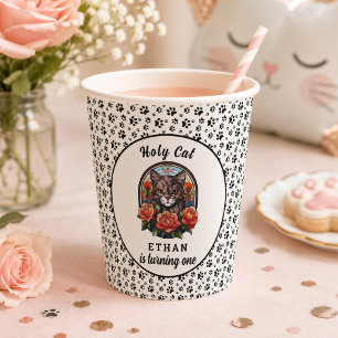 Gobelets En Papier Jolie Fille au Chat Premier Anniversaire