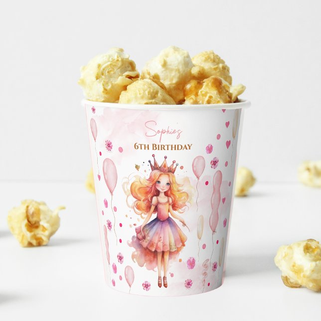 Gobelets En Papier Jolie princesse rose et ballons anniversaire (Créateur téléchargé)