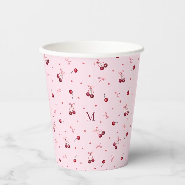 Gobelets En Papier Jolies cerises roses coeurs rubans avec monogramme (Recto)