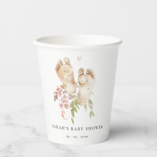 Gobelets En Papier Jolis Pieds de Bébé Rose Floral Fille Baby Shower