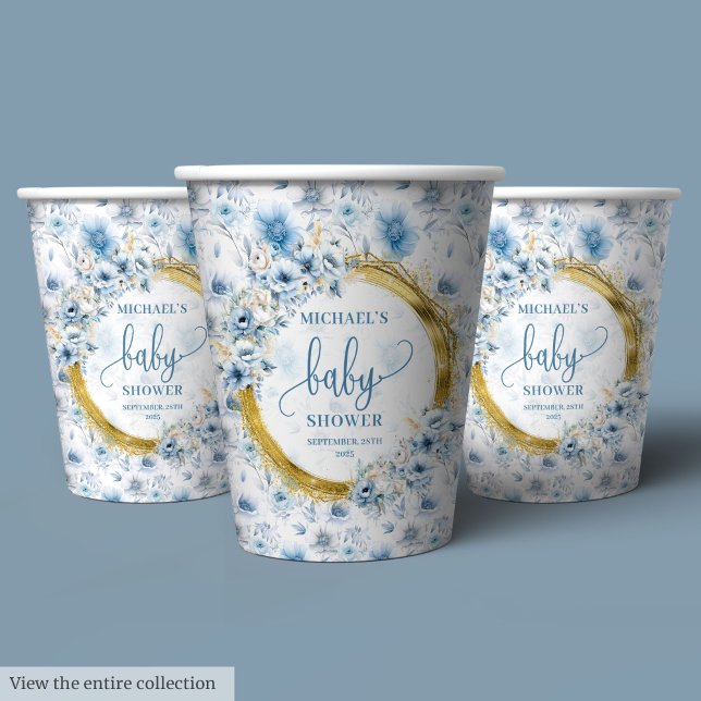 Gobelets En Papier Jouer bleu poussiéreux aquarelle fleurs or bébé (Playful dusty blue watercolor flowers gold baby Paper Cups)