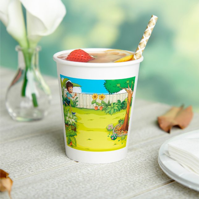 Gobelets En Papier Joueur garçon courir dans un Jardin vert luxuriant (Créateur téléchargé)