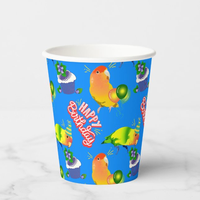 Gobelets En Papier Jour d'anniversaire mignon Lovebirds Party Parrot  (Recto)