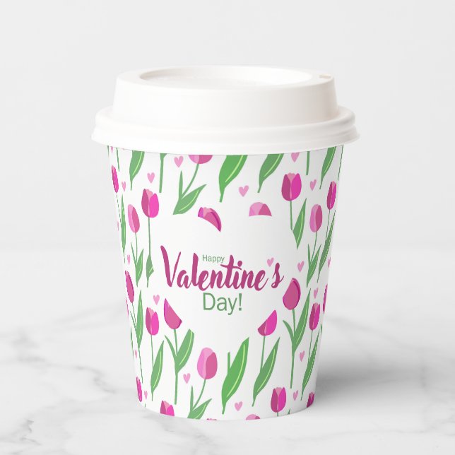 Gobelets En Papier Joyeuse Saint-Valentin Tulipes roses (Recto)