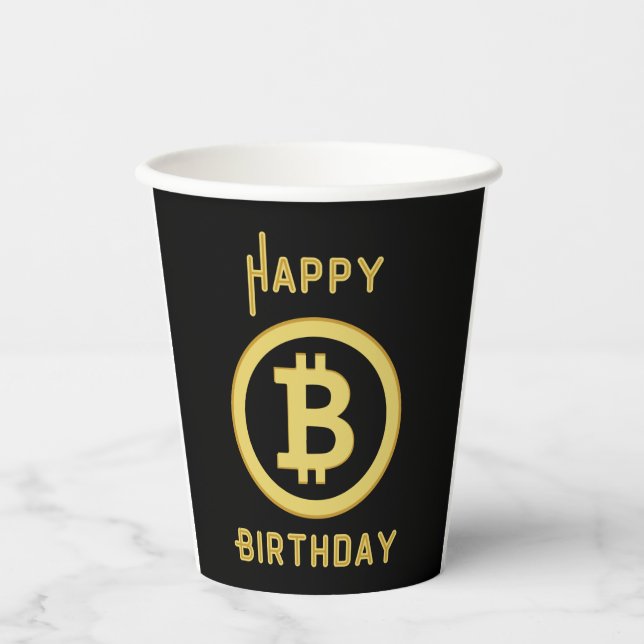 Gobelets En Papier Joyeuses tasses de papier Bitcoin or Anniversaire (Recto)