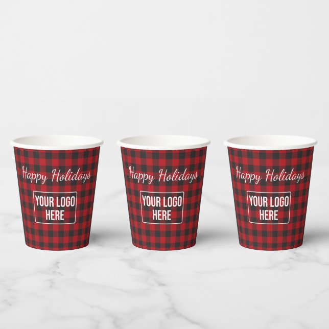 Gobelets En Papier Joyeuses vacances Buffalo Plaid Business Logo Café (Multi)