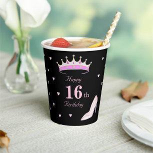 Gobelets En Papier Joyeux 16e anniversaire en noir et rose
