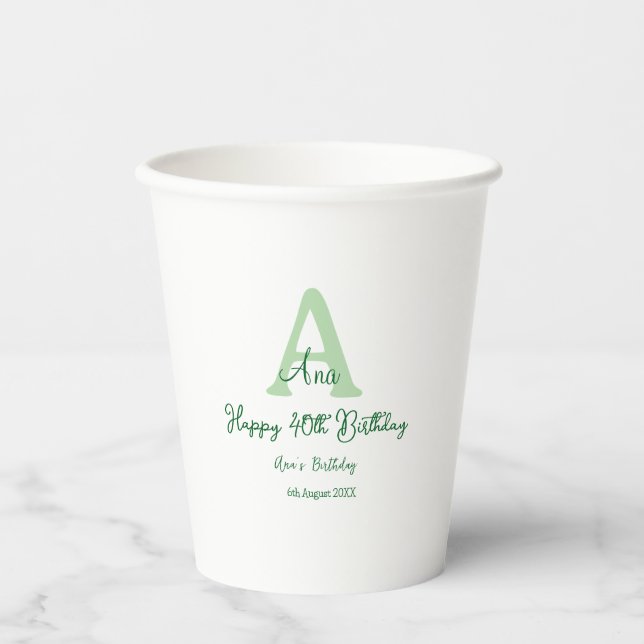 Gobelets En Papier Joyeux 40e anniversaire vert ajouter nom monogramm (Recto)