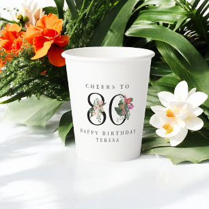 Gobelets En Papier Joyeux 80e anniversaire avec Nom Floral Tropical