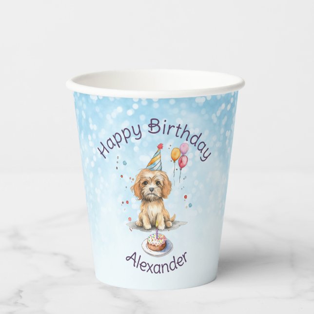 Gobelets En Papier Joyeux Anniversaire à un chiot mignon avec un chap (Recto)