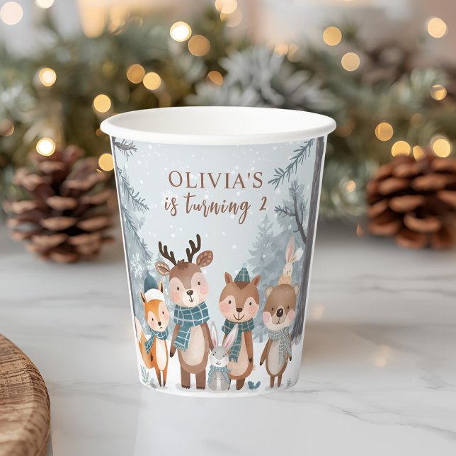 Gobelets En Papier Joyeux Anniversaire Animaux de la Forêt d'Hiver  (Créateur téléchargé)
